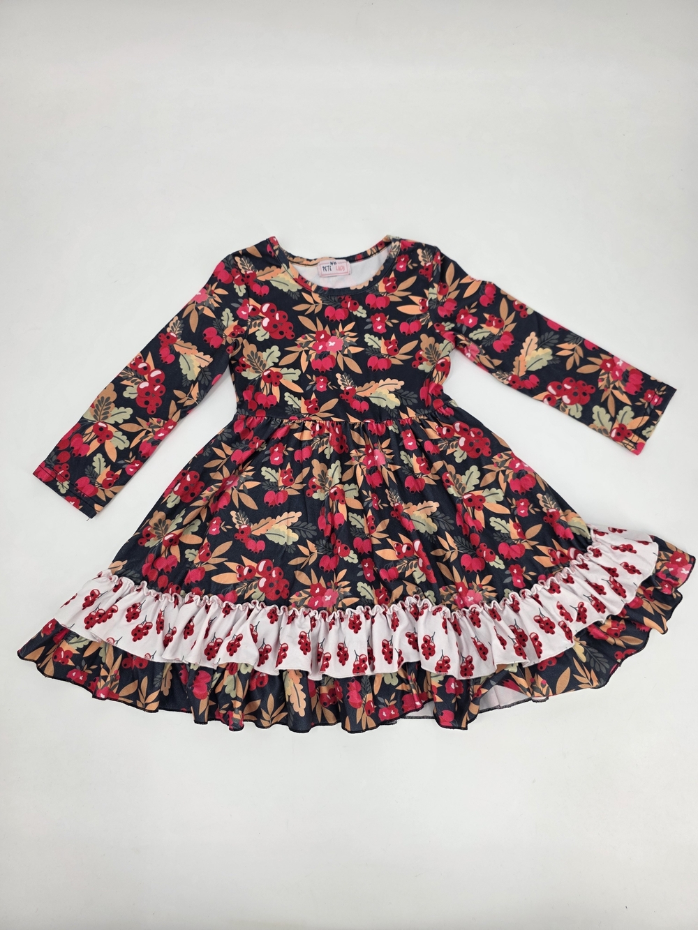 Pete + Lucy Holiday Berry Girls Long Sleeve Ruffle Hem Dress Size 3T